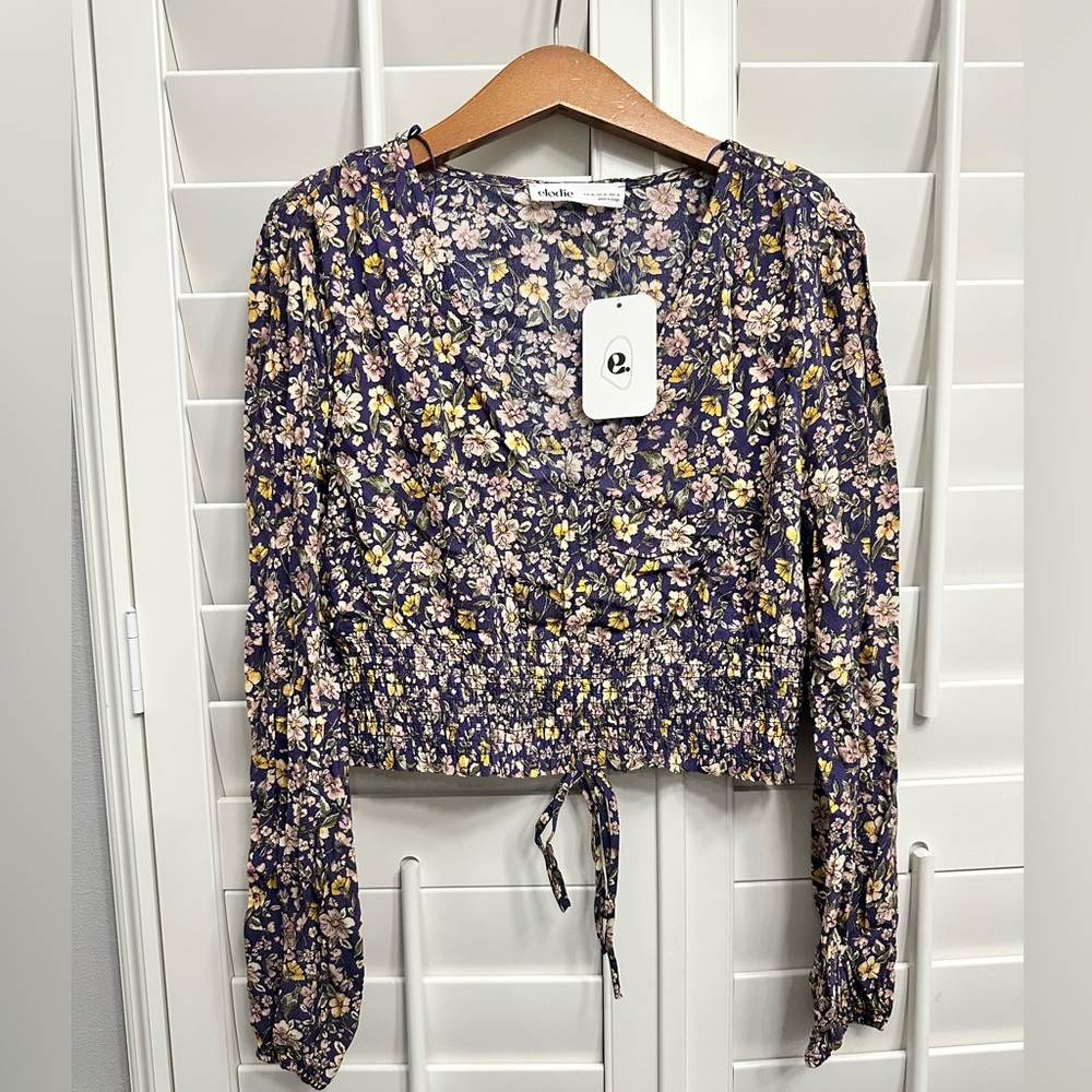 Elodie Floral Long Sleeve Smocked Waist V-Neck Top Navy Blue XL NWT